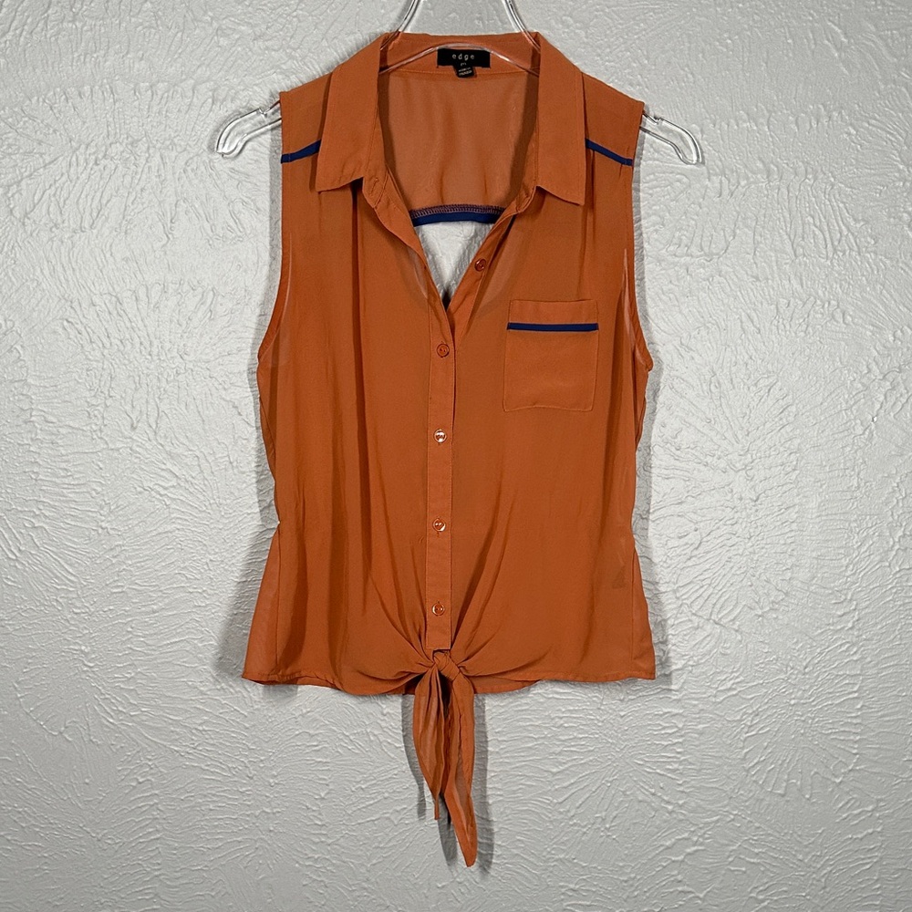 Edge Burnt Orange Navy Sleeveless Button-Down Tie Front Shirt Women's Size Med